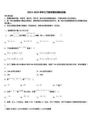 2023-2024学年广东省广州市铁一中学七年级数学第二学期期末学业水平测试模拟试题含解析.doc