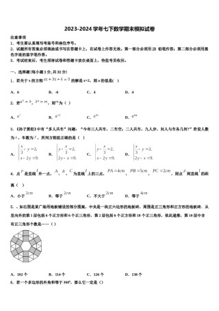 2023-2024学年广西崇左市天等县七年级数学第二学期期末学业质量监测模拟试题含解析.doc