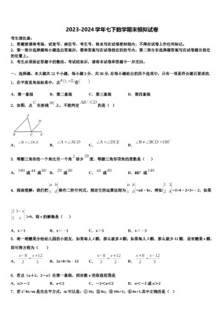 2023-2024学年武汉市七年级数学第二学期期末统考试题含解析.doc