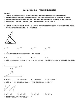 2023-2024学年江苏省无锡市锡北片七年级数学第二学期期末学业水平测试模拟试题含解析.doc