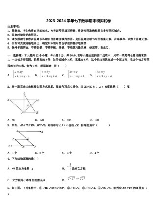 2023-2024学年江苏省泰兴市洋思中学七下数学期末学业水平测试模拟试题含解析.doc