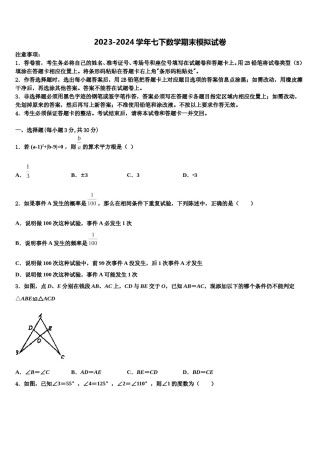2023-2024学年浙江乐清市育英寄宿学校数学七下期末统考模拟试题含解析.doc