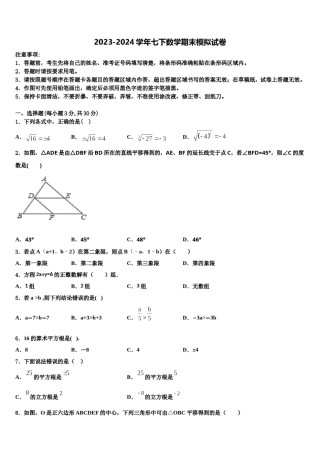 2023-2024学年浙江省衢州市七年级数学第二学期期末监测模拟试题含解析.doc
