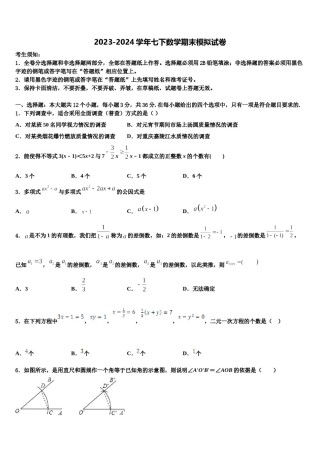 2023-2024学年浙江省金华义乌市七年级数学第二学期期末综合测试模拟试题含解析.doc