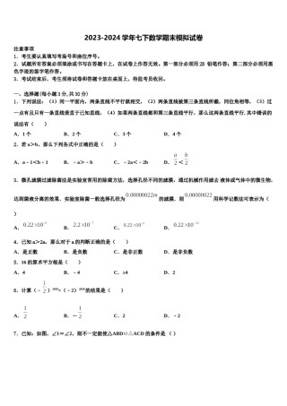 2023-2024学年湖北省黄石市白沙片区数学七下期末质量检测模拟试题含解析.doc