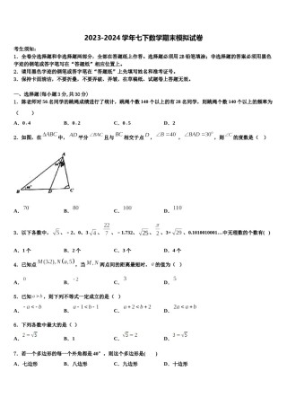 2023-2024学年福建省泉州市永春一中学七下数学期末调研模拟试题含解析.doc