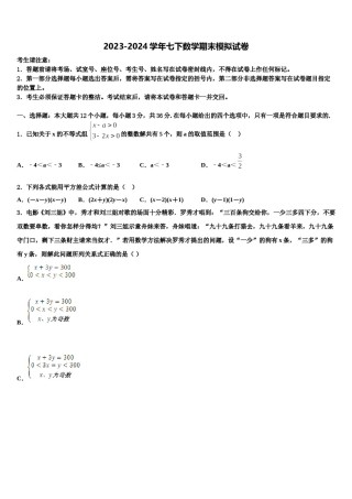 2024届咸阳市重点中学七年级数学第二学期期末综合测试试题含解析.doc