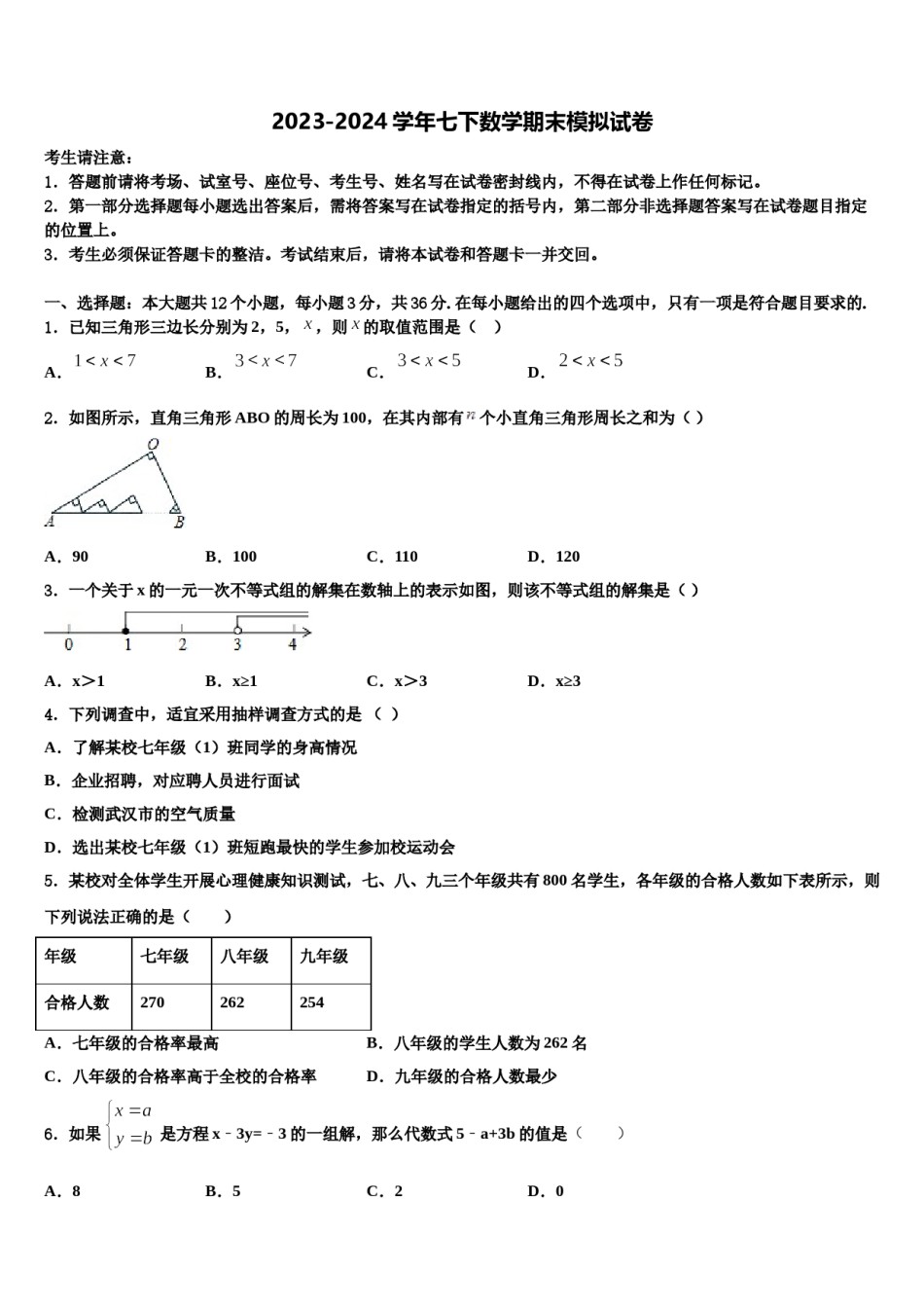 2024届四川省达州市大竹县七年级数学第二学期期末学业水平测试试题含解析.doc_第1页