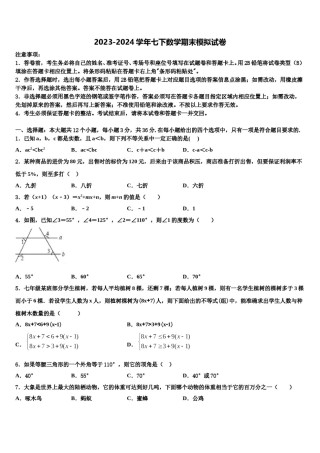 2024届宁夏省石嘴山市七下数学期末达标检测试题含解析.doc