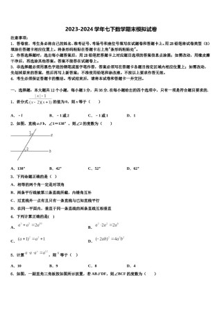 2024届安徽省桐城实验中学七下数学期末学业水平测试试题含解析.doc