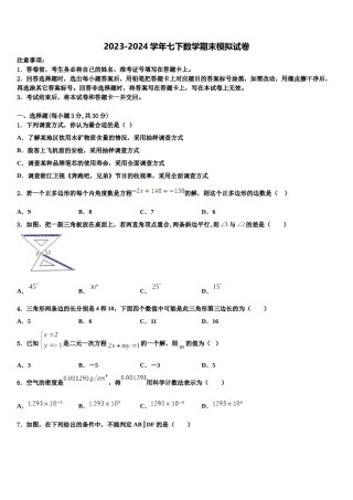 2024届山东省德州市第九中学七下数学期末综合测试试题含解析.doc