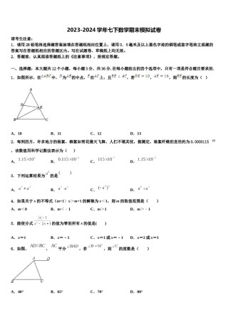 2024届山东省济宁市梁山县街道第一中学数学七下期末达标检测模拟试题含解析.doc