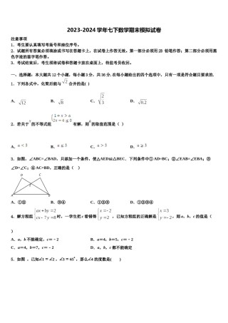 2024届山东省青岛市四区联考七下数学期末考试模拟试题含解析.doc