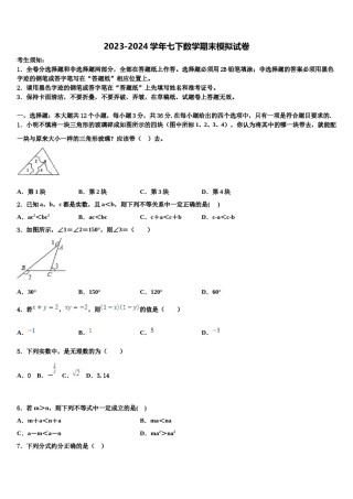 2024届扬州市梅岭中学数学七下期末统考试题含解析.doc