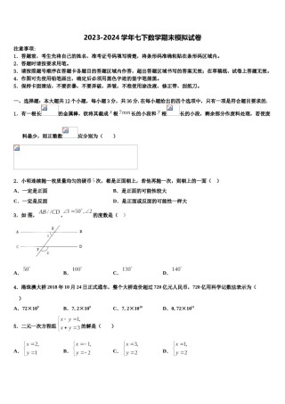 2024届新疆维吾尔自治区喀什第二中学七下数学期末学业质量监测模拟试题含解析.doc
