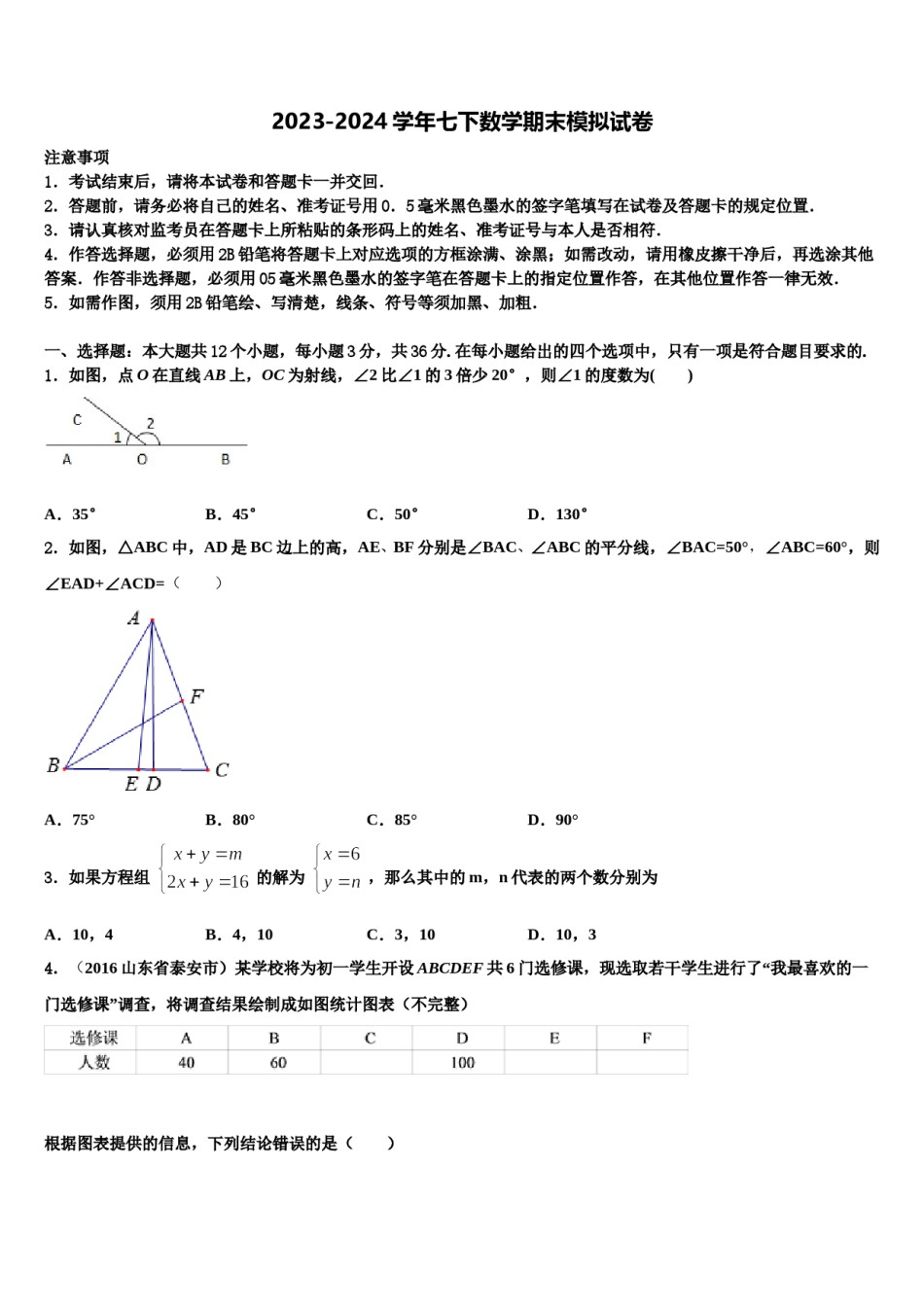 2024届晋城市重点中学七年级数学第二学期期末复习检测模拟试题含解析.doc_第1页