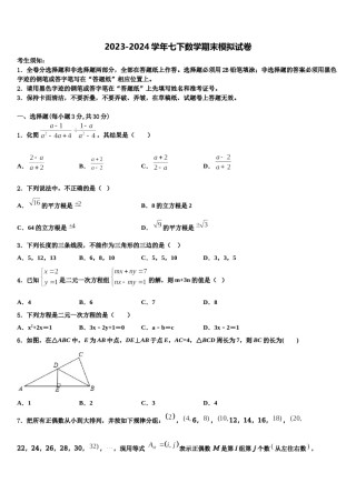 2024届江苏省镇江句容市七下数学期末复习检测模拟试题含解析.doc