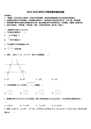 2024届江苏省阜宁县数学七下期末学业质量监测试题含解析.doc