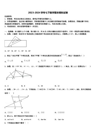 2024届江苏省高邮市阳光双语七年级数学第二学期期末学业质量监测试题含解析.doc