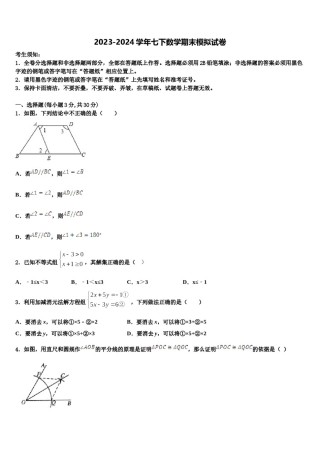 2024届河北省沧州市七下数学期末学业质量监测模拟试题含解析.doc