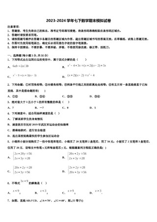 2024届河北省石家庄市第九中学七下数学期末调研试题含解析.doc