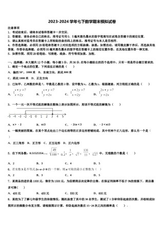 2024届河南省鹿邑城郊乡阳光中学数学七下期末质量检测模拟试题含解析.doc