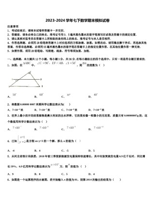 2024届湖北省枣阳市第三中学数学七下期末质量检测模拟试题含解析.doc