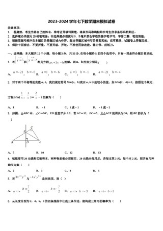 2024届湖北省武汉市江岸区七一华源中学七下数学期末监测模拟试题含解析.doc