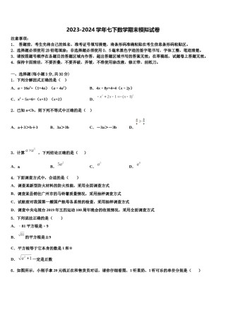 2024届湖北省武汉市金银湖区数学七下期末综合测试模拟试题含解析.doc