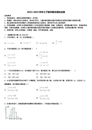 2024届湖北省武汉江夏区五校联考七下数学期末预测试题含解析.doc