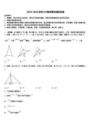 2024届湖南省武冈市第一中学数学七下期末复习检测模拟试题含解析.doc