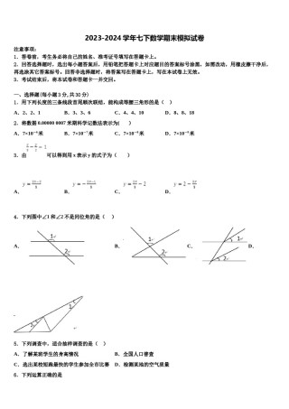 2024届湖南省衡阳县七下数学期末预测试题含解析.doc