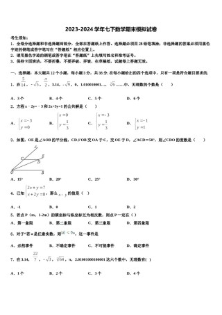 2024届湖南省长沙市周南石燕湖中学七年级数学第二学期期末学业水平测试试题含解析.doc