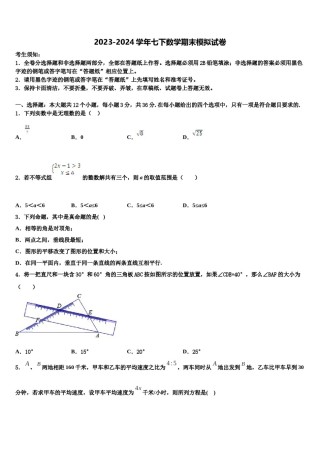 2024届甘肃省武威市凉州区金羊镇皇台小数学七下期末复习检测试题含解析.doc