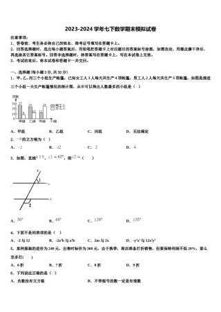 2024届甘肃省白银市七年级数学第二学期期末复习检测试题含解析.doc