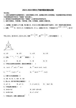 2024届甘肃省金昌市永昌市第五中学数学七下期末达标检测试题含解析.doc