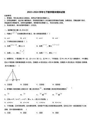 2024届福建省龙岩市永定区金丰片七年级数学第二学期期末质量跟踪监视试题含解析.doc