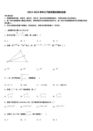 2024届贵州省六盘水二十中学七年级数学第二学期期末学业质量监测模拟试题含解析.doc