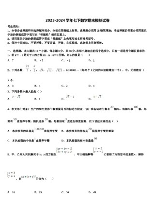 2024届重庆市北碚区西南大附中七下数学期末复习检测试题含解析.doc