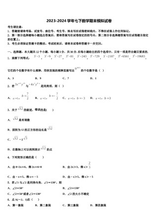 2024届陕西省西安市西安铁一中学七年级数学第二学期期末统考模拟试题含解析.doc