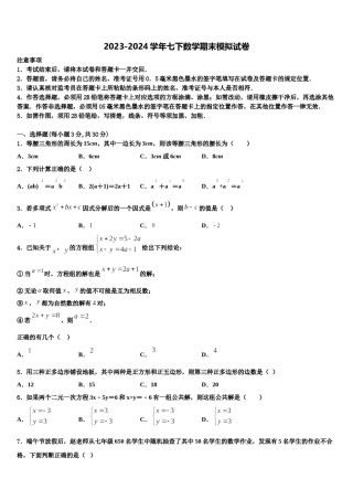 上海中学2024届数学七下期末考试试题含解析.doc