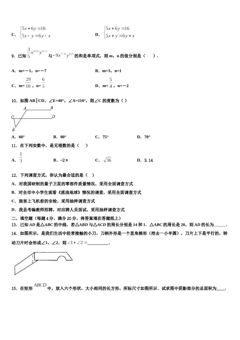 云南省文山市2024届数学七下期末质量跟踪监视模拟试题含解析.doc_第3页