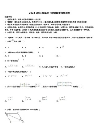 云南省玉溪市红塔区2024年七年级数学第二学期期末统考试题含解析.doc