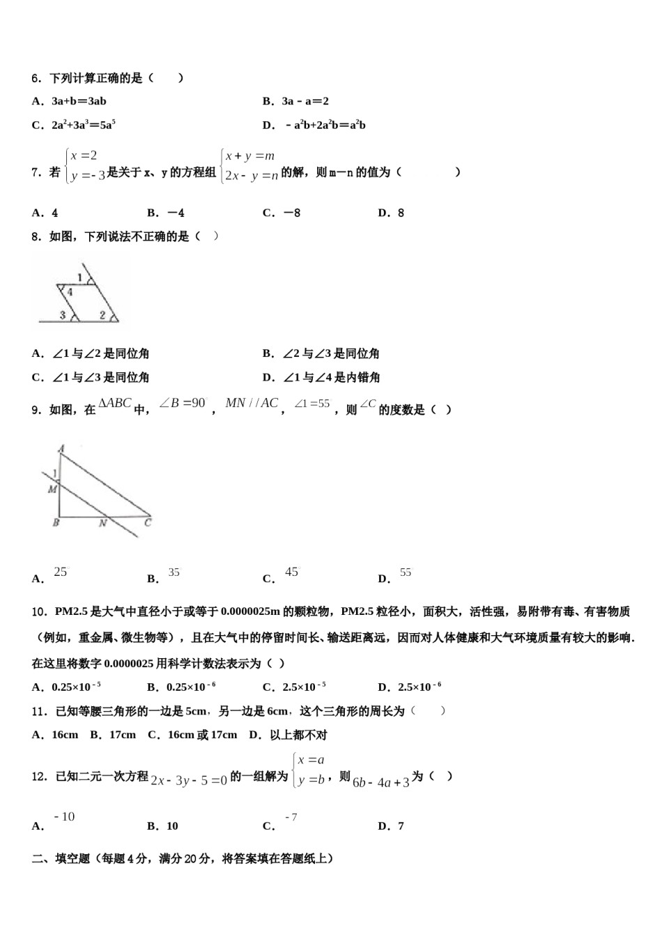 吉林省农安县杨树林中学2023-2024学年数学七下期末学业水平测试模拟试题含解析.doc_第2页