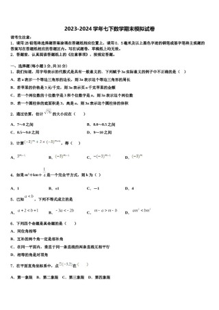 吉林省松原市前郭尔罗斯蒙古族自治县2024届数学七下期末监测模拟试题含解析.doc