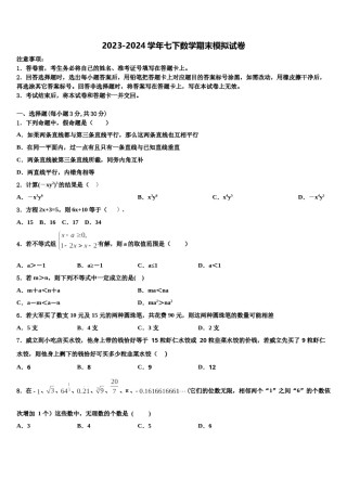 吉林省白城地区大安县2023-2024学年七下数学期末统考模拟试题含解析.doc