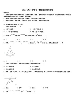 四川渠县联考2024届七年级数学第二学期期末调研模拟试题含解析.doc
