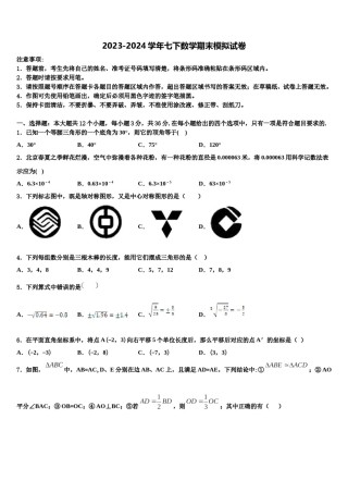 四川省南充市阆中学2024届七年级数学第二学期期末教学质量检测试题含解析.doc