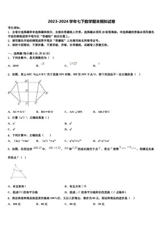 四川省绵阳富乐国际2024届七年级数学第二学期期末监测模拟试题含解析.doc