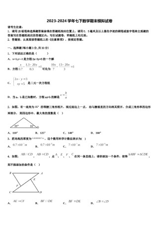 四川省遂宁市射洪中学2024年七年级数学第二学期期末统考试题含解析.doc